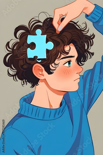 Flat lay view of a man in blue sweatshirt taking puzzle pieces out of curly hair. Fun chaos. Man solving puzzle. Illustration. Generative AI © Carlos