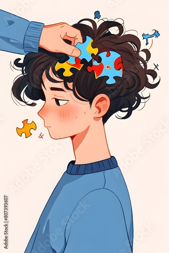 Flat lay view of a man in blue sweatshirt taking puzzle pieces out of curly hair. Fun chaos. Man solving puzzle. Illustration. Generative AI © Carlos