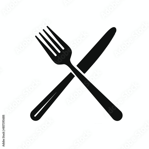 Black and white crossed fork and knife icon on a plain background.