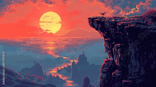 Provoke intrigue with a breathtaking sunrise over a rugged cliff in digital pixel art photo