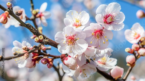 Close-up of white and pink cherry flowers with blue sky, symbolizing hope, tenderness and awakening of springtime nature.