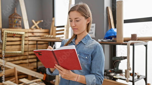 A focused caucasian woman in denim takes notes at her bustling carpentry workshop.