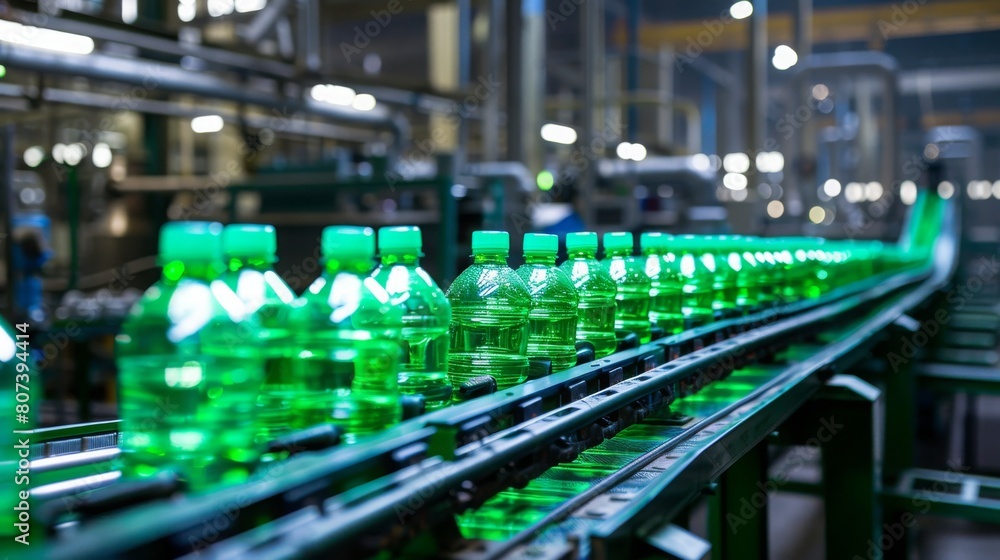 Automated production line with green plastic bottles for beverages, conveyor system in factory – Concept of mass production, industrial automation, and sustainable packaging
Automated production line with green plastic bottles for beverages, conveyor system in factory – Concept of mass production, industrial automation, and sustainable packaging