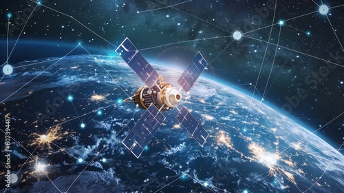 A satellite in orbit around earth, connected to multiple other satelites with lines and dots, showing the global network of space technology photo