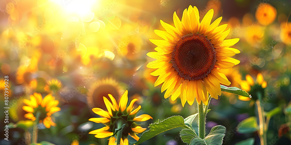 Fototapeta premium Sunflower on a blurred summer nature background, elegant floral background for greeting card for birthday, father's day, mother's day