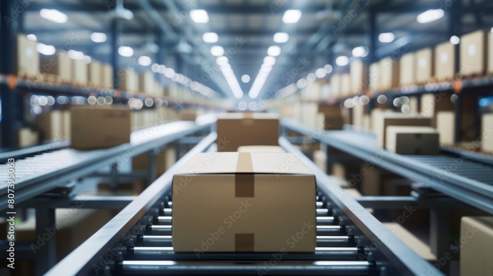 Cardboard boxes on a conveyor belt in a large distribution warehouse, depicting the process of packaging, shipping, and logistics. Concept of supply chain, efficiency, and industrial operations.
