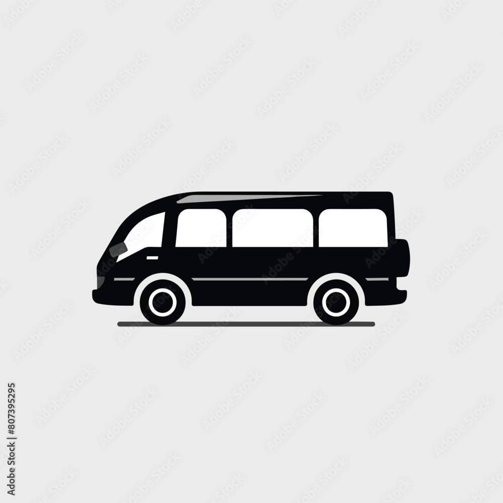 Minimalist illustration of a black van on a grey background