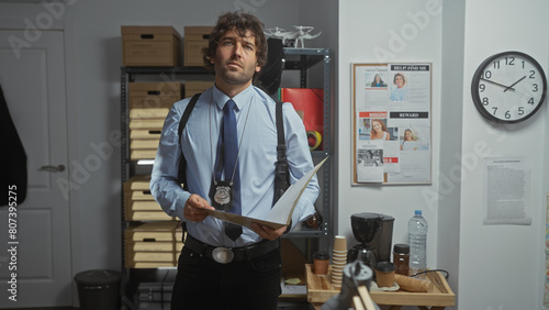 Obraz na płótnie Hispanic detective man holding files in a police station with missing posters and clock on the wall