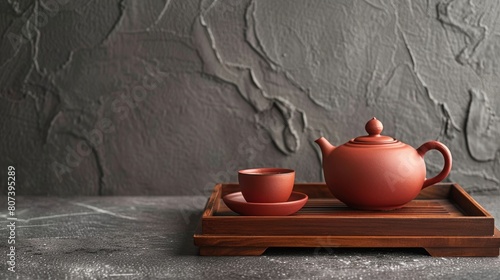 Minimal ceramic tea set against gray plaster wall