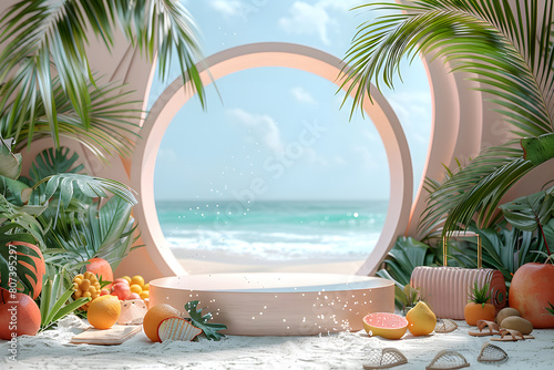 Empty stylish beach podium 3D mockup background for beauty product presentation concept. Summer copy space platform surrounded by palm leaves . Cosmetics, perfume or home goods sales advertising stand © Алина Троева