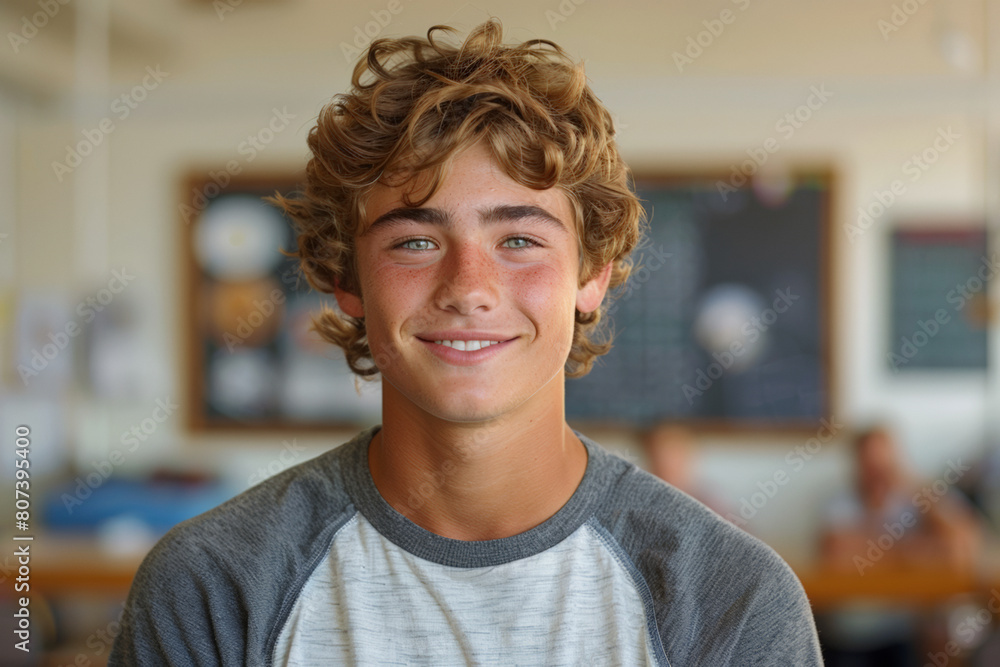 Smiling young man with curly hair in classroom, portrait for advertising Smiling young man with curly hair in classroom, portrait for advertising