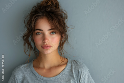 Young woman with messy top knot against blank grey background with copy space for advertising