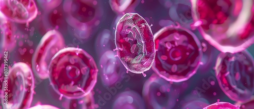 An illustration of a red blood cell. The cell is pink and has a concave shape. The background is light pink. photo
