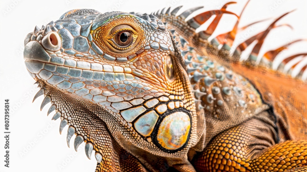 Fototapeta premium Close-up portrait of an iguana with vivid skin textures and piercing eyes, Concept of reptilian beauty and exotic wildlife 