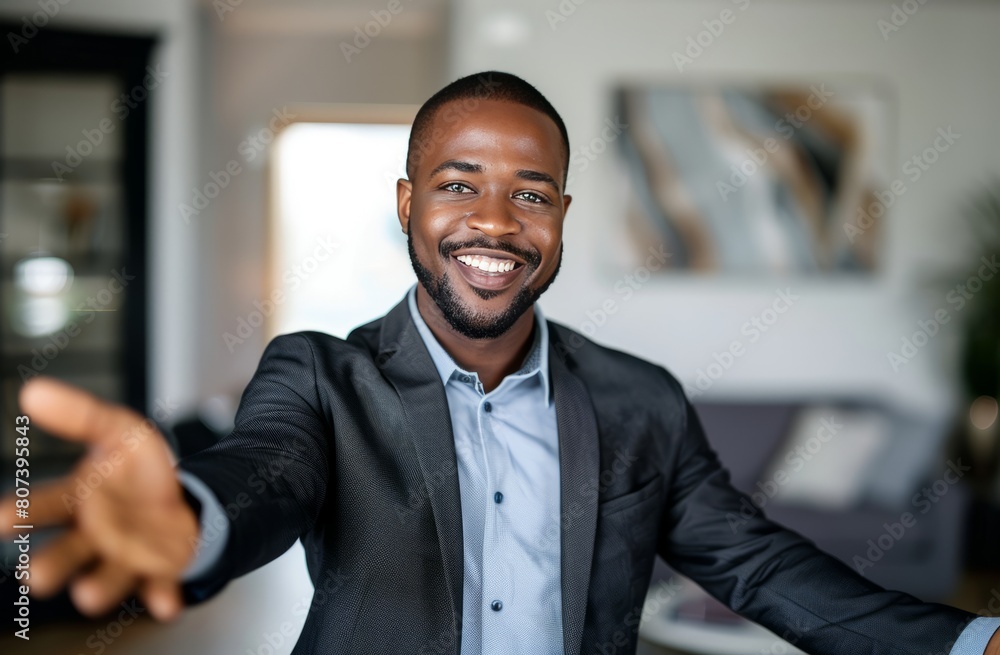 Close up of an African American real estate agent standing in the living room, he is holding keys and his hands outstretched to give them over Close up of an African American real estate agent standing in the living room, he is holding keys and his hands outstretched to give them over