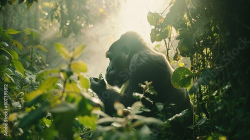A silverback mountain gorilla in a rainforest in Rwanda photo