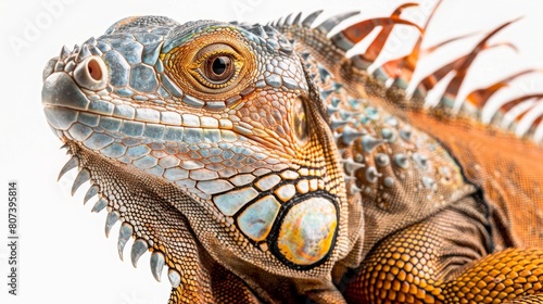 Close-up portrait of an iguana with vivid skin textures and piercing eyes  Concept of reptilian beauty and exotic wildlife 