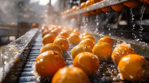 Oranges under water jets on sorting line � fruit washing process