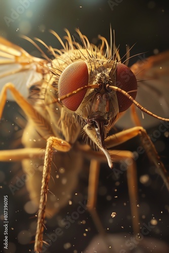 A close-up photograph of a fly reveals the intricate details of its compound eyes, its fuzzy body, and its sharp proboscis.