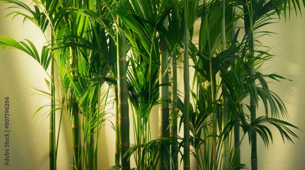 Obraz premium Lush green bamboo stalks against a light background, highlighting the natural beauty and simplicity of indoor plants. Concept of nature, serenity, and interior design.