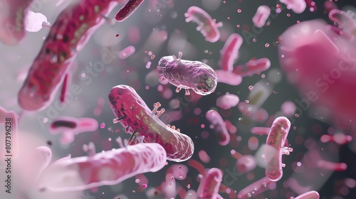 3D illustration of a group of bacteria. The bacteria are pink and rod-shaped. They are floating in a dark background. The bacteria are all different sizes.
