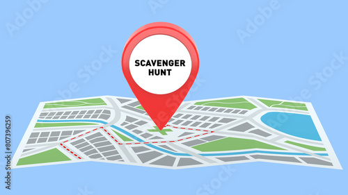  Scavenger Hunt Map 3D Illustration with Red Pin, find hidden clue on Treasure map