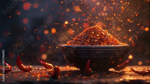 Spicy red chili flakes in a bowl with scattered whole chilies around, illuminated by warm light, representing the essence of hot and spicy cuisine. Concept of spice, cuisine, and heat. photo