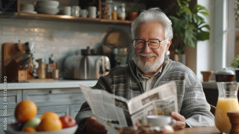 Smiling senior man sitting at the table reading newspaper, modern kitchen interior in light colors on background Smiling senior man sitting at the table reading newspaper, modern kitchen interior in light colors on background