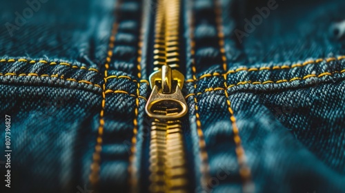 Macro shot of a gold zipper on denim fabric, showcasing textile details and craftsmanship. Concept of fashion, design, and manufacturing. 