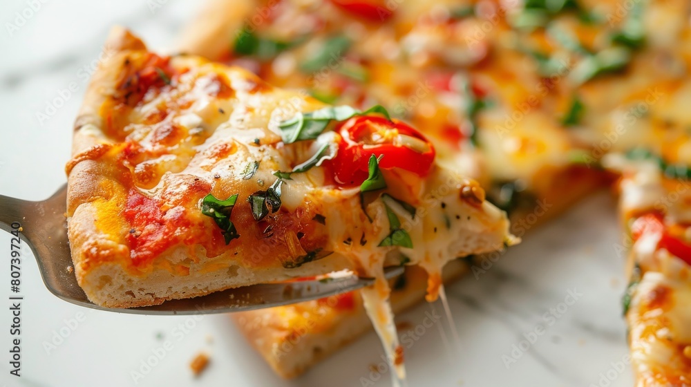 Close-up of a delicious pizza slice with melted cheese and fresh toppings, showcasing Italian cuisine and food delight. Concept of cuisine, food, and culinary delight.