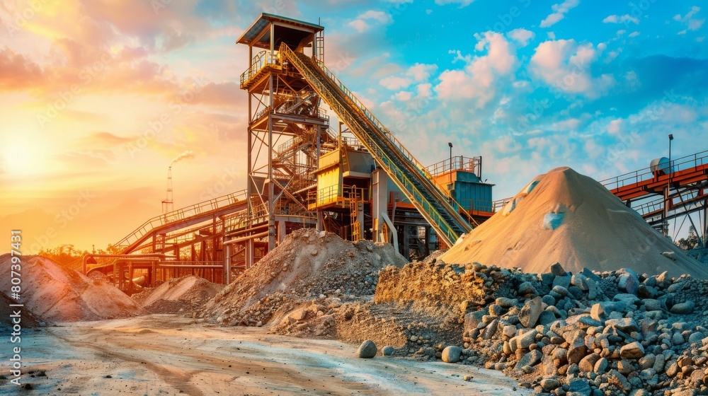 Industrial mining facility at sunset with machinery and gravel piles, showcasing large-scale operations and resource extraction. Concept of mining, industry, and natural resources.
