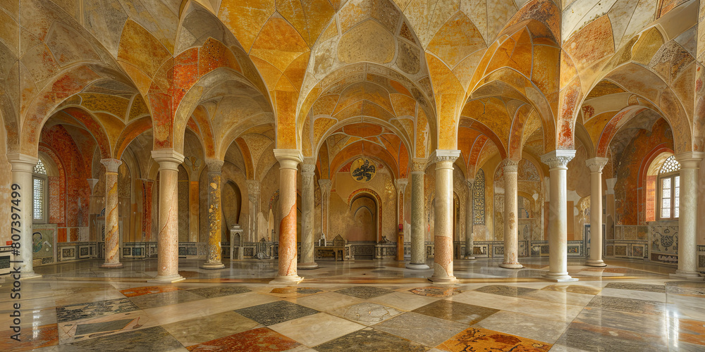 A large, empty room with a lot of pillars and arches