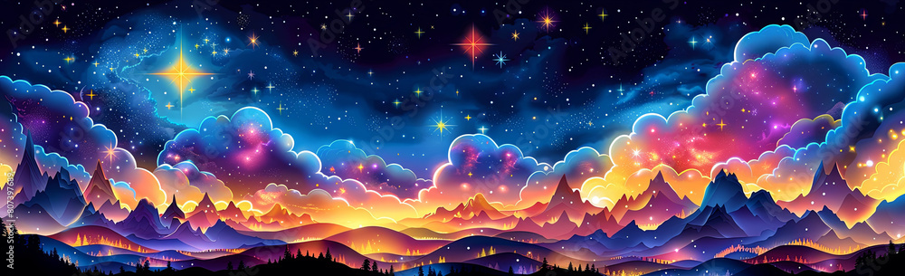 Obraz premium A colorful sky with mountains and clouds