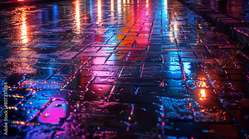  The glow of streetlights casting a soft, diffused light onto the wet pavement, with colorful reflections shimmering on the surface of the road bricks, creating a captivating nocturnal scene photo