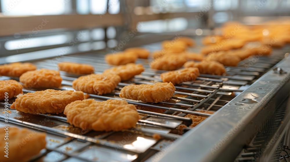 Automated chicken nuggets production line in a food processing factory, showcasing industrial meat processing. Concept of food industry, mass production, and technology.