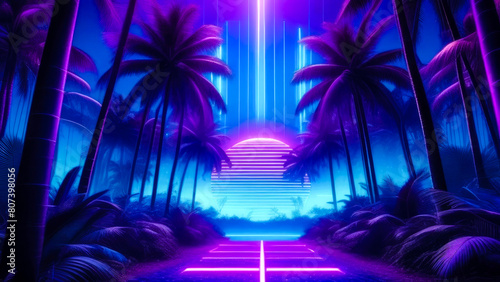 Illustration of tropical palm trees and neon violet blue glowing lights. Synthwave style scene.