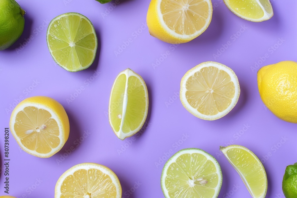 cut up citrus fruit lemons and limes on purple lilac background flat lay closeup view from above