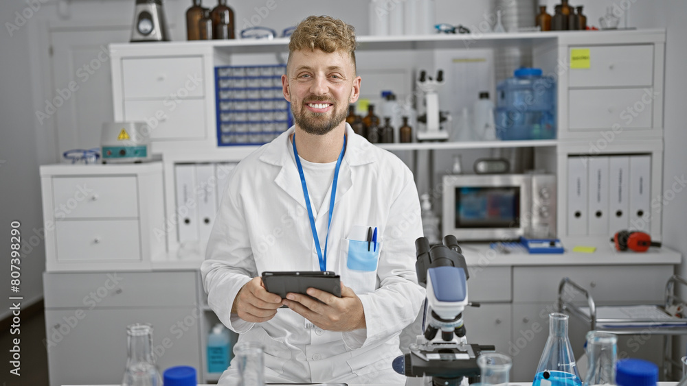 Caucasian scientist with beard and blue eyes in lab coat uses tablet in laboratory Caucasian scientist with beard and blue eyes in lab coat uses tablet in laboratory