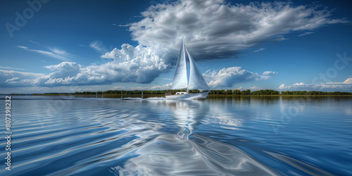 A sailboat is sailing on a lake with a cloudy sky in the background