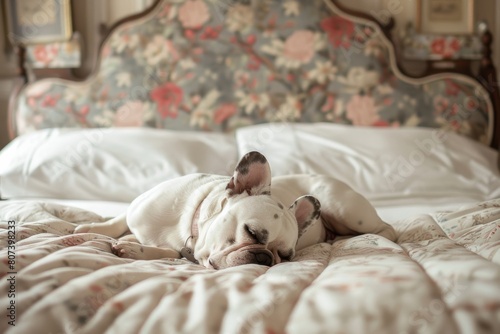 double merle French bulldog lying on bed, sleeping,  in colonial style bedroom. Mattress ad