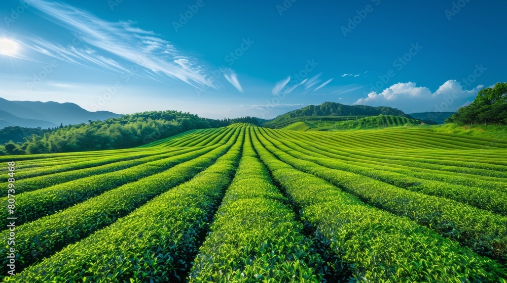 tea plantation beauty, the tea plantations mesmerizing view with endless rows of vibrant green bushes under the clear blue sky creates a picturesque landscape