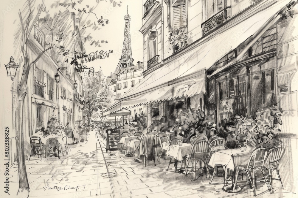 Obraz premium black and white monochrome sketch ob summer in Paris view of the city with its symbol Eiffel Tower