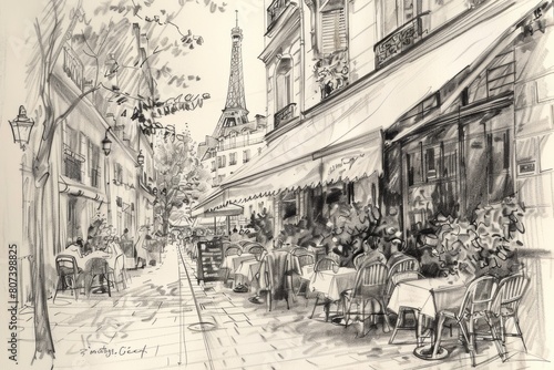 black and white monochrome sketch ob summer in Paris view of the city with its symbol Eiffel Tower