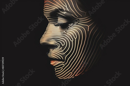 A woman's face is shown in black and white with a pattern of lines. Fingerprint concept