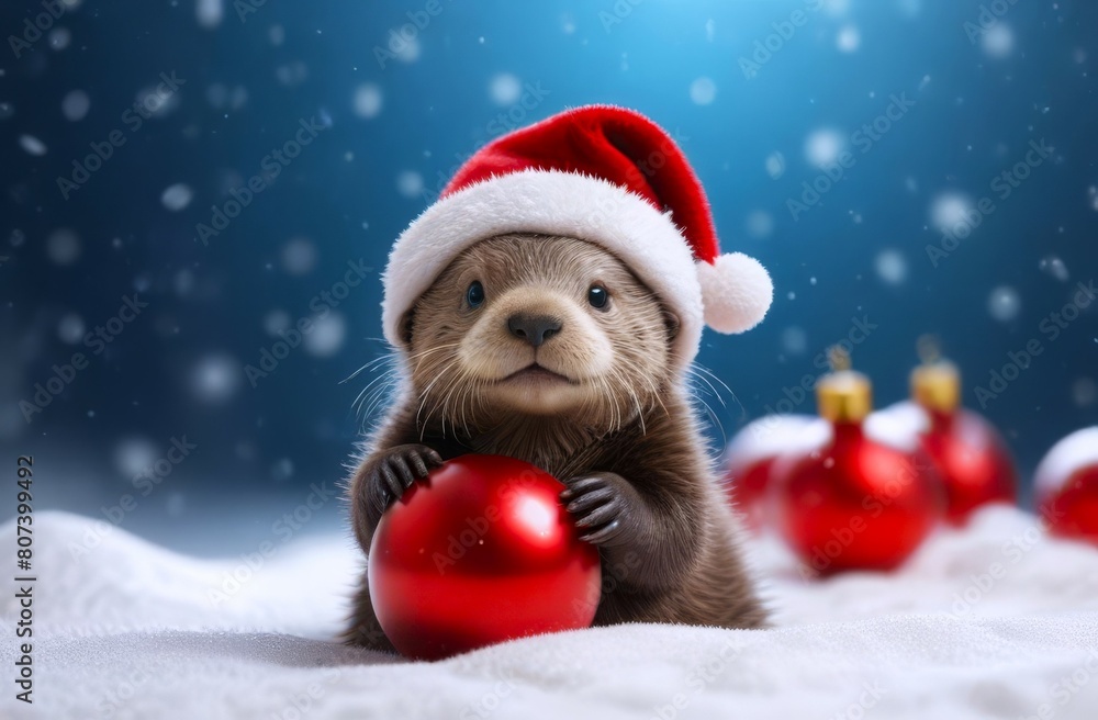 otter in snow wearing Santa hat and holding red Christmas ball in paws against blurred festive backdrop. concepts: winter holidays, festive backdrop for holiday greetings or advertisements otter in snow wearing Santa hat and holding red Christmas ball in paws against blurred festive backdrop. concepts: winter holidays, festive backdrop for holiday greetings or advertisements