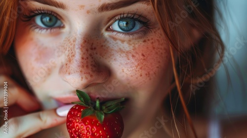 Closeup of a young woman eating a strawberry. Generative AI