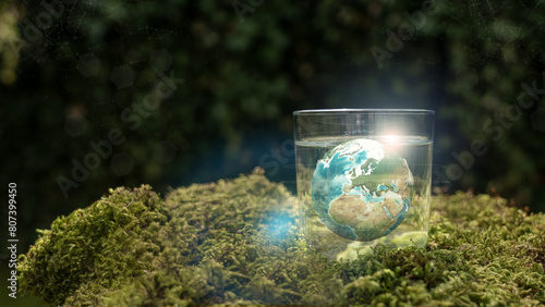  Earth 3D Global Plexus Concept In Glass Of Water On Moss Background