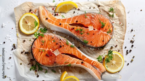 Two fresh salmon steaks garnished with lemon slices and herbs, laid out on parchment paper with a sprinkle of peppercorns, ready for cooking, representing healthy seafood cuisine. Concept of food photo