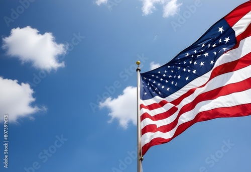 A large American flag waving against a cloudy blue sky