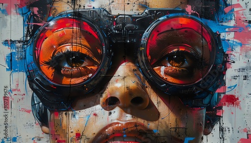 Capture a cyborg graffiti artist, blending advanced tech and urban art, from a low angle for dramatic effect Traditional art medium, vibrant colors
